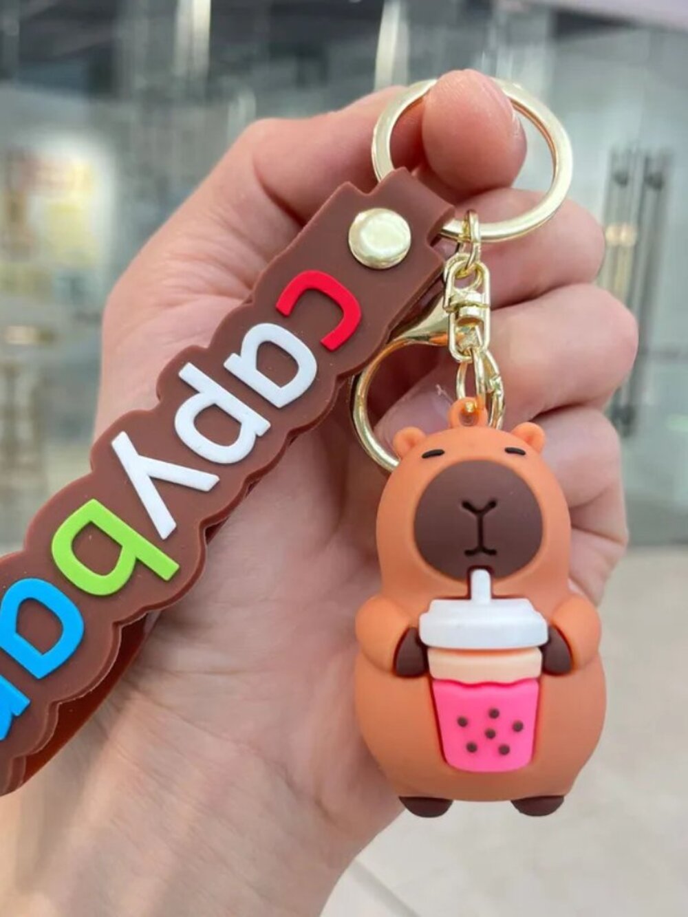 3/$18 NWT Cute Capybara Boba Bubble Tea Rubber Keychain Bag Charm Wristlet Strap